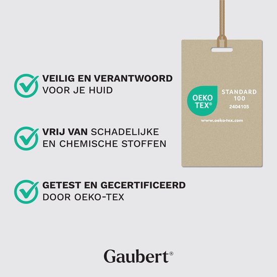 Étiquette avec logo 'Gaubert' et certification Oeko-Tex Standard 100. Texte : Sûr et responsable pour votre peau. Exempt de substances nocives et chimiques. Testé et certifié par Oeko-Tex.