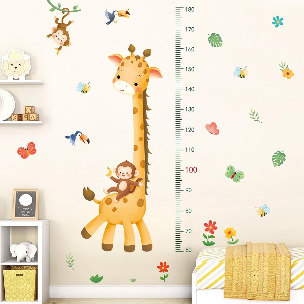 SnelShoppen - Giraffe en Aap Hoogtegroei Meter Wand Sticker - Peel and Stick Vinyl Cartoon Hoogte Maat Streep Wanddecoratie voor Babykamer Speelruimte