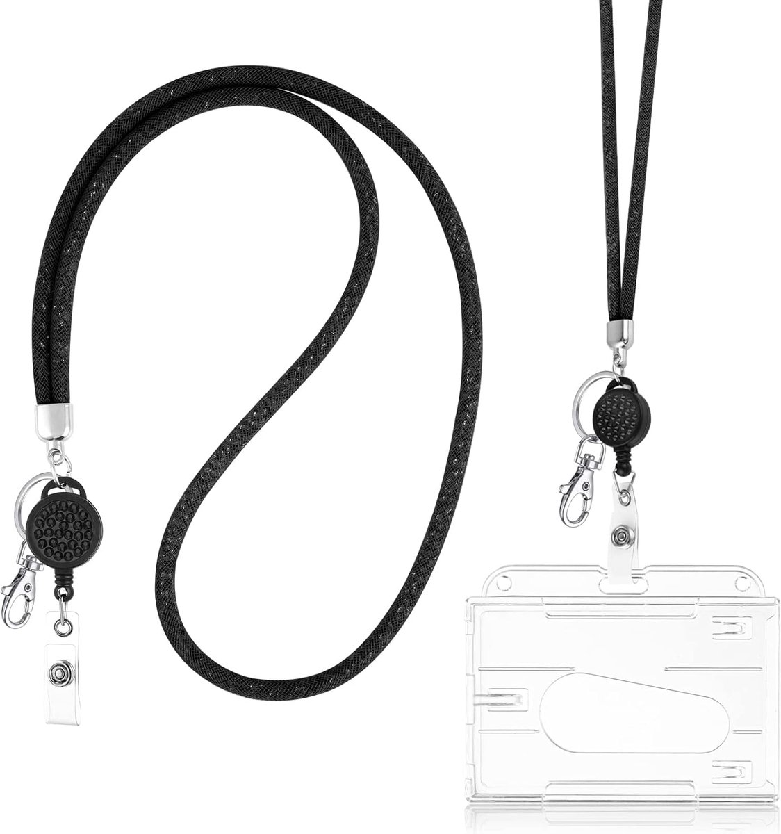 SnelShoppen - Rhinestone Lanyard met ID Kaarthouder, Retractable Glitter Neck Strap, Transparante Badge Houder, Bling Design, Zwart, Perfect voor Fees