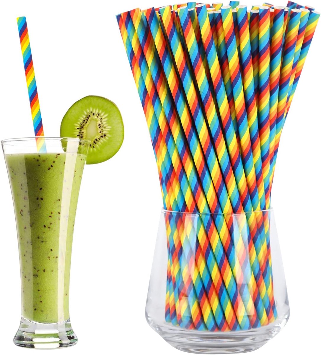 SnelShoppen - 100 Stuks Biologische Regenboog Papieren Rietjes, Kleurrijke Gecombineerde Papieren Drinkrietjes voor Feest, Bruiloft, Cocktail, Verjaar