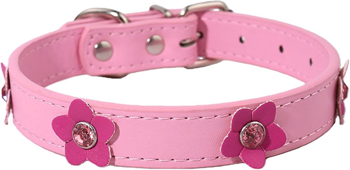 SnelShoppen - Hondenhalsband Leer voor Kleine Honden met Schattige Bloemenpatroon - Verstelbare PU Halsband voor Extra Kleine en Middelgrote Rassen -