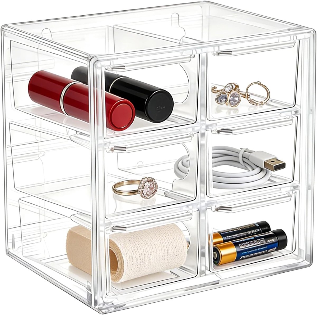 SnelShoppen - Mini Opbergdoos met 6 Lades, Transparante Plastic Caddy 12x12x9.5cm voor Kantoor, Knutselmaterialen, Sieraden, Cosmetica, Naaien
