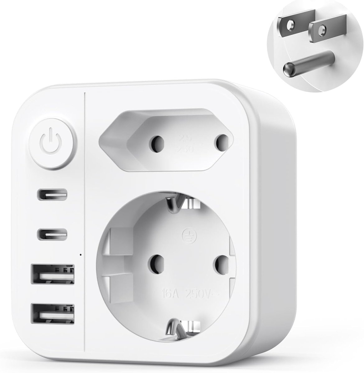 SnelShoppen - 6 in 1 Reisadapter USA, Type B Stekker met 4 USB-poorten, Schakelaar en 2 Duitse Stopcontacten voor Amerika, Canada, Mexico, Thailand