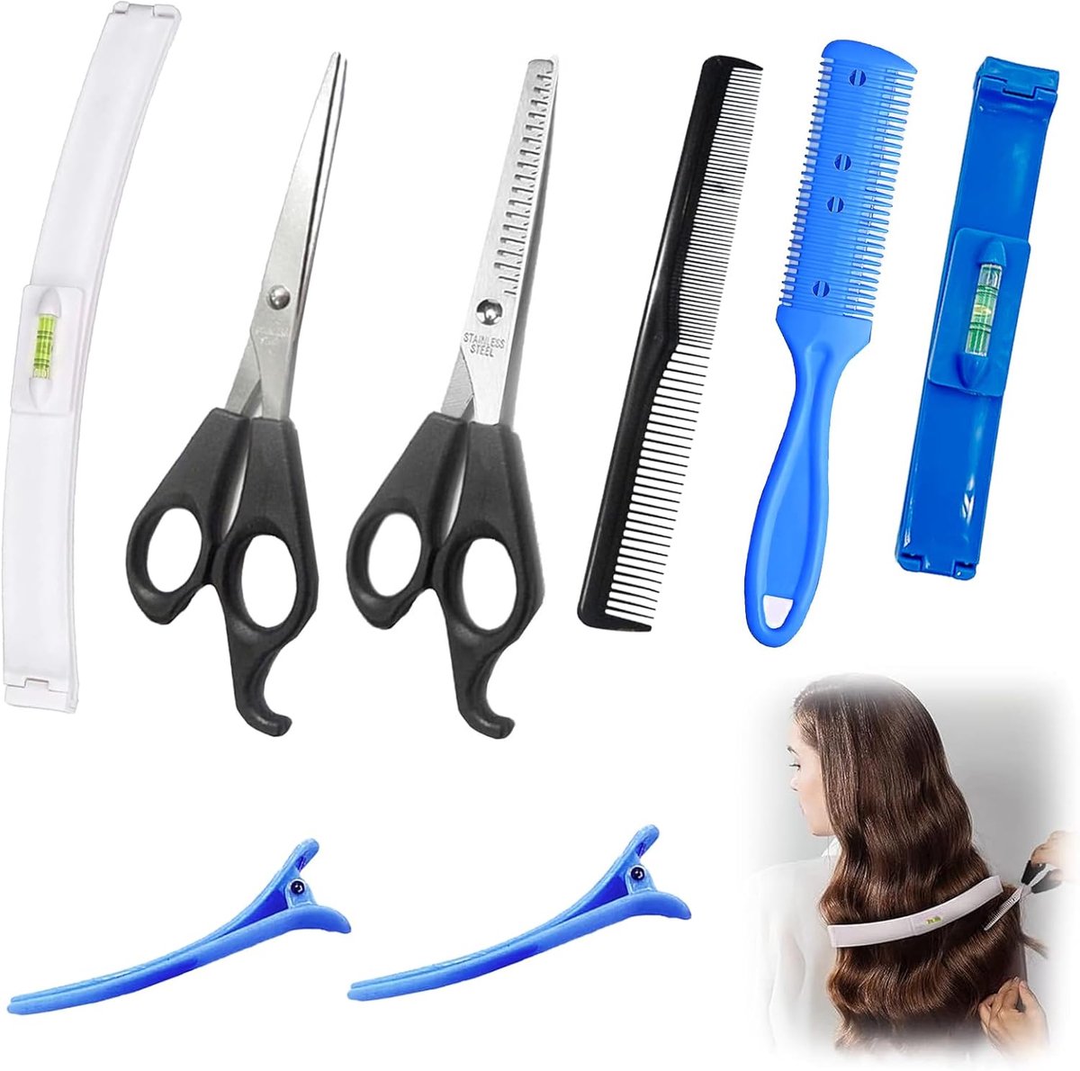 SnelShoppen - 8-delige set voor het knippen van pony's: haar scharen, puntsnijder, zelf knip hulp, haarknipclip, haarknipset, haar styling accessoires