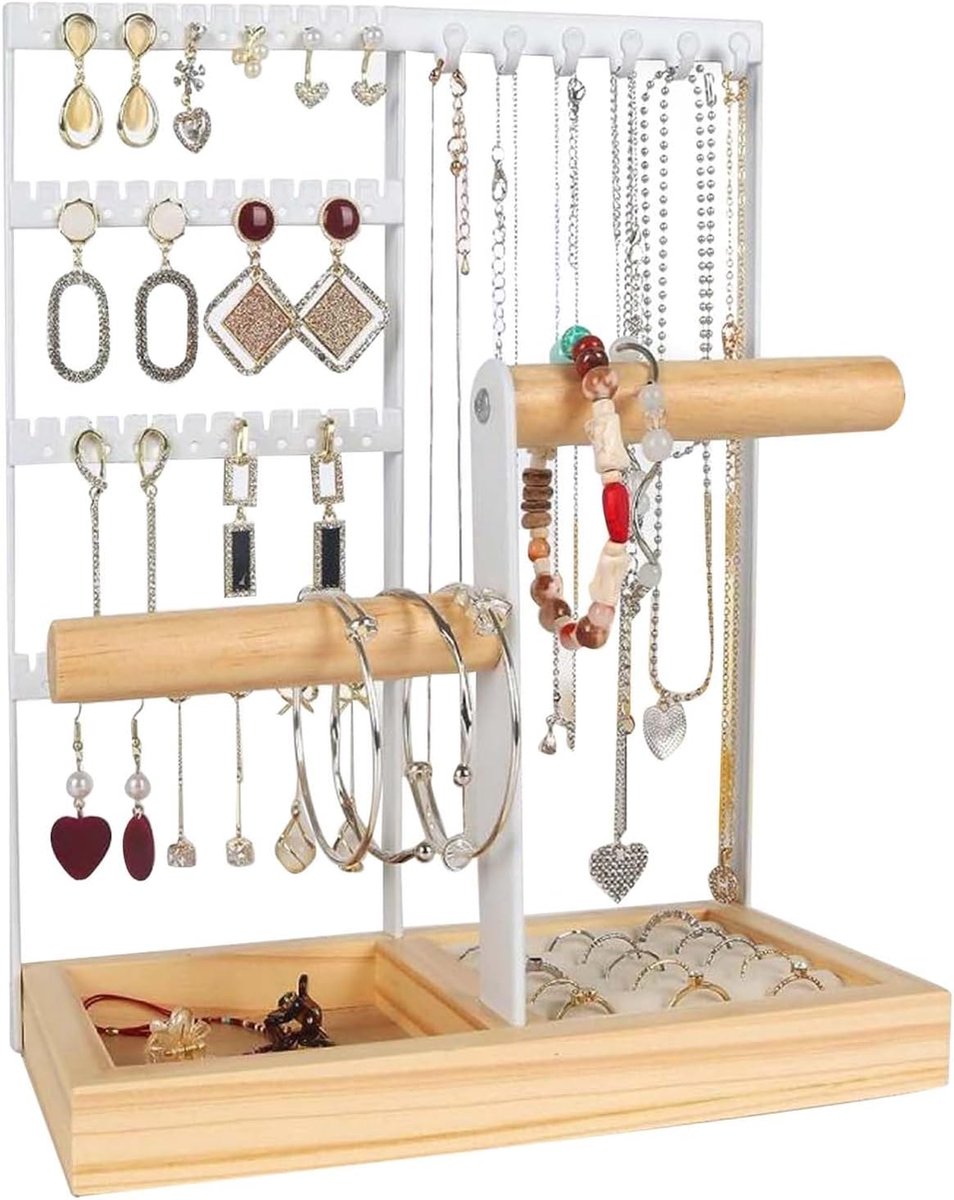 SnelShoppen - Dokeno Jewelry Stand - Sieradenstandaard voor Oorbellen, Kettingen, Ringen, Armbanden, Horloges - Wit Hout en Metaal - Elegante Organisa