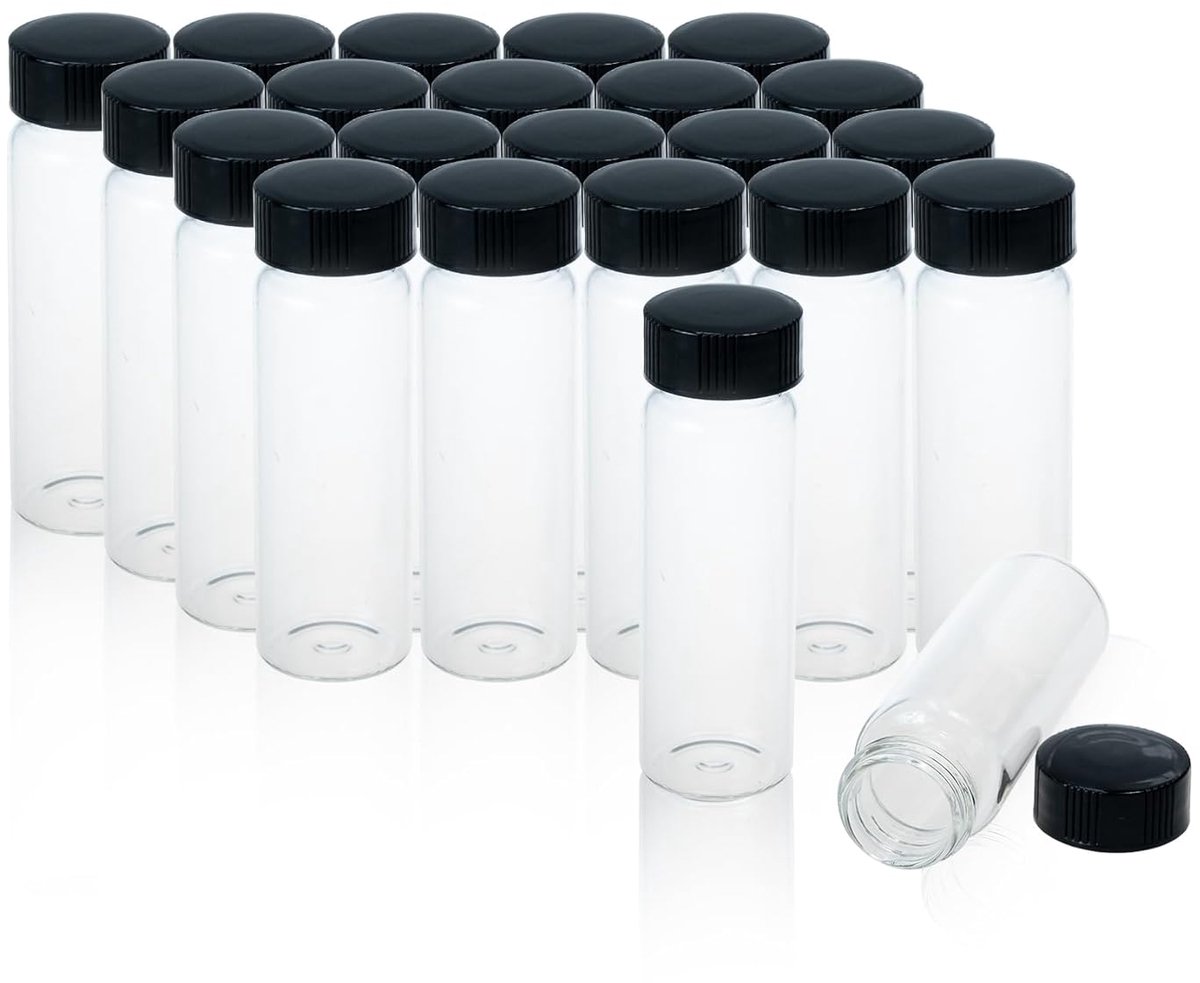 SnelShoppen - 20 Stuks 30ml Glas Monsterspuiten Flesjes Met Zwarte PP Doppen - Chemisch Bestendige Glas Vialen Voor Laboratorium Gebruik - 27.5x84mm