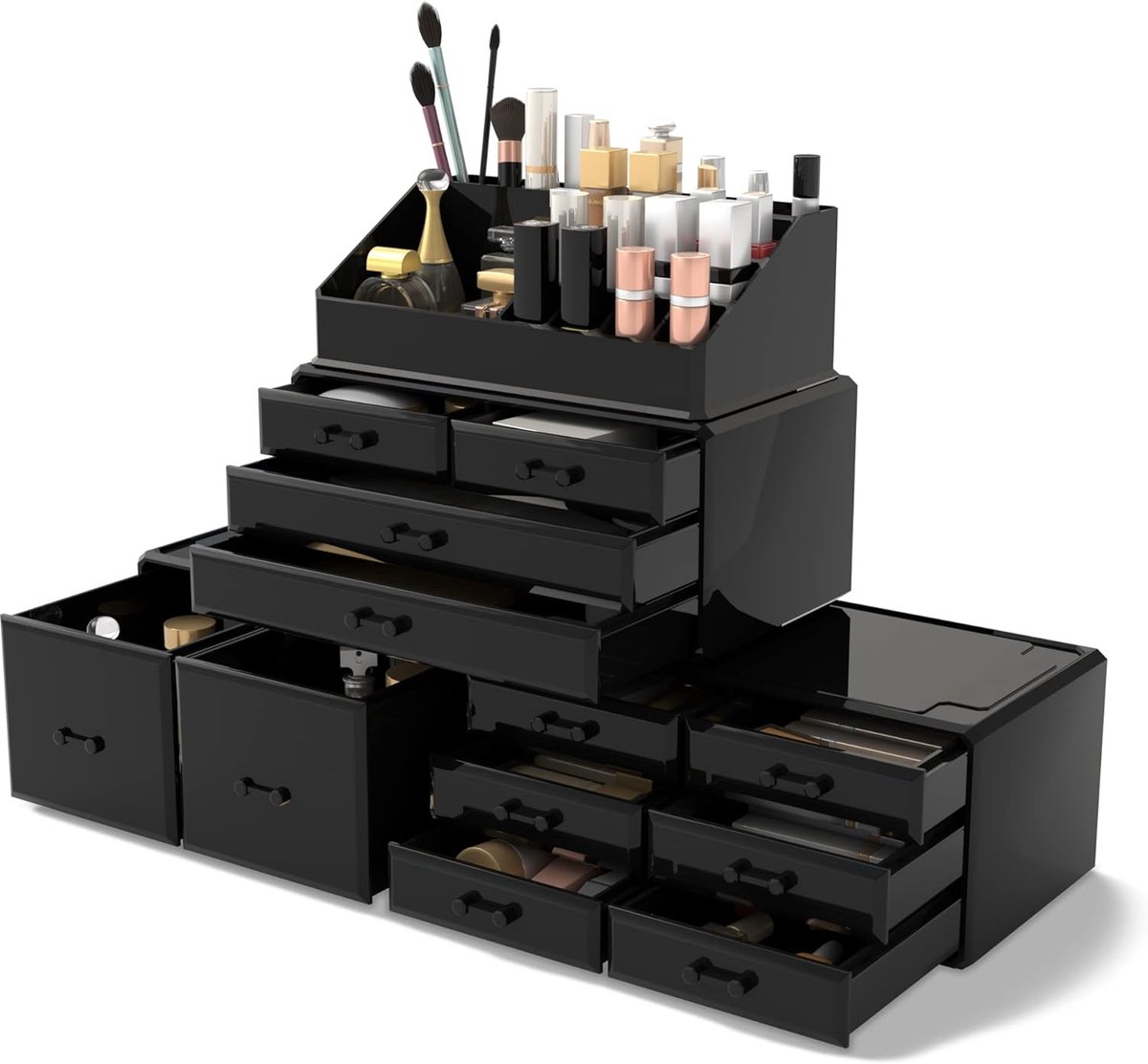 SnelShoppen - Makeup Cosmetic Organizer met 12 Laden en 16 Pockets - Grote Capaciteit, Elegant en Stijlvol - Zwart - Perfect voor Thuis of Professione