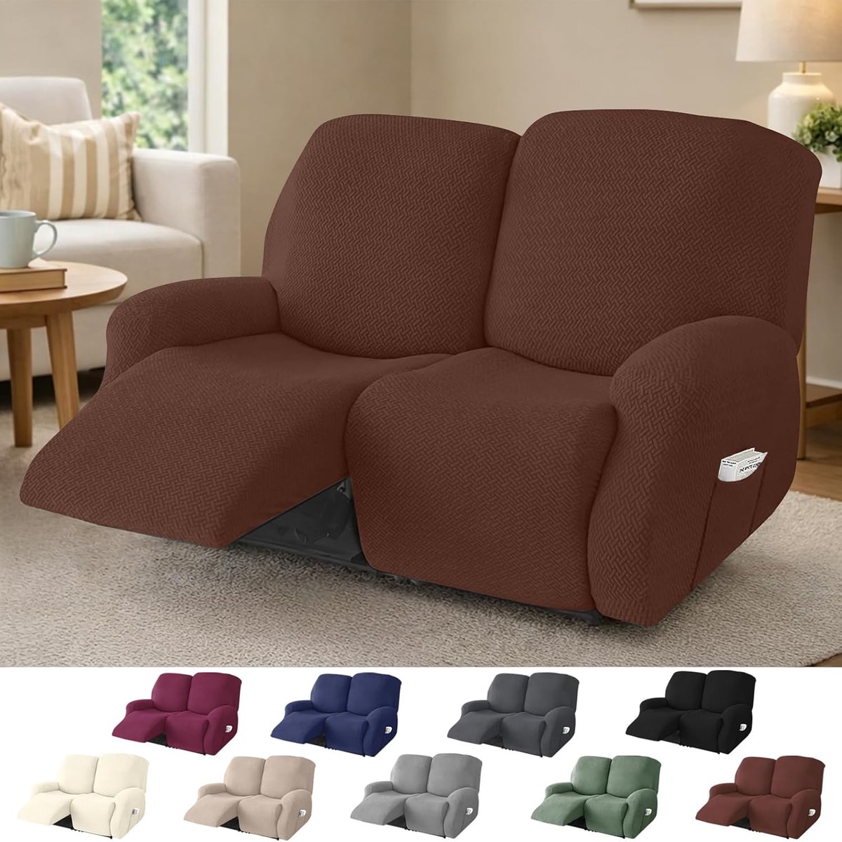 SnelShoppen - 2-zits Bank Cover, Elastische Stoelhoezen met Zakjes, Compleet Gestreepte Jacquard Beschermhoes voor TV Bank en Relax Sofa (Donkerbruin,