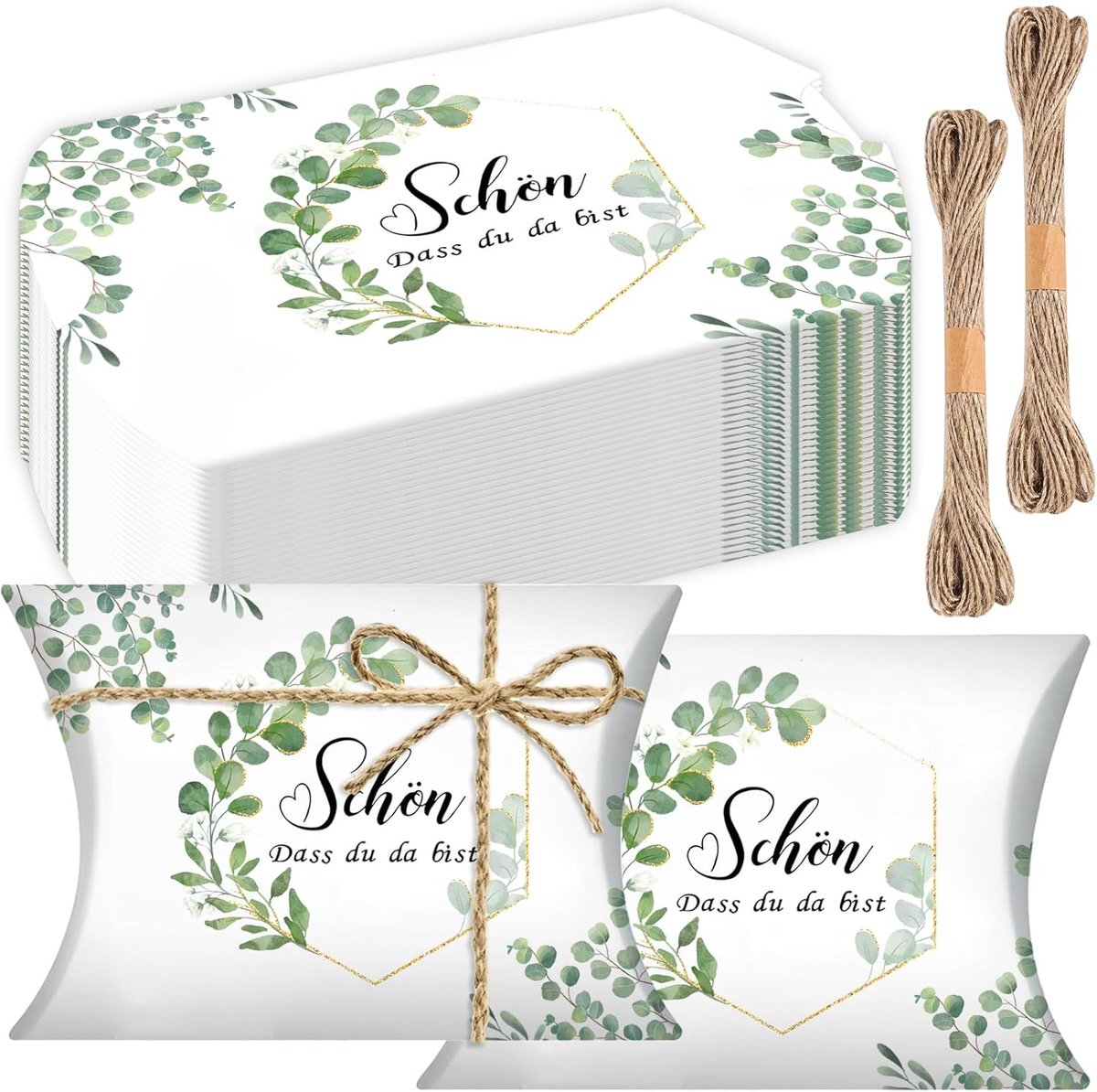 SnelShoppen - Set van 100 Eucalyptus Design Cadeauboxen - Lege Gift Boxen voor Bruiloft, Doop, Feest, Milieuvriendelijk, Hoogwaardige Karton, Inclusie