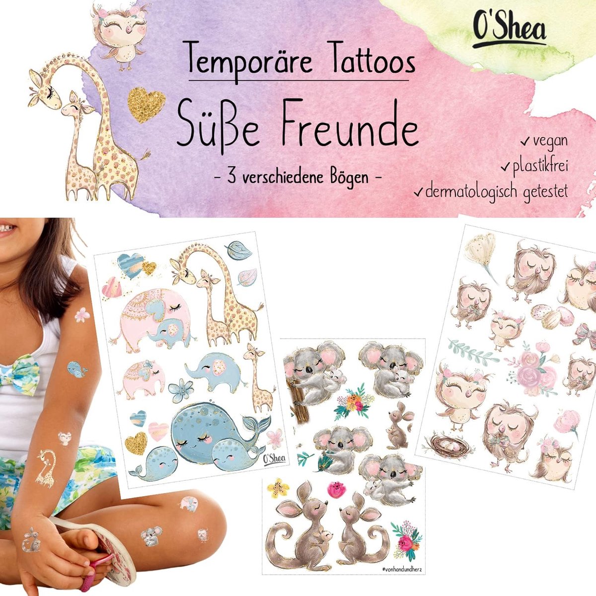 SnelShoppen - Kindertatoeages - 3 Vellen Schattige Tatoeages voor Kinderen - Huidvriendelijk, Milieuvriendelijk, Perfect voor Feestjes en Verjaardagen