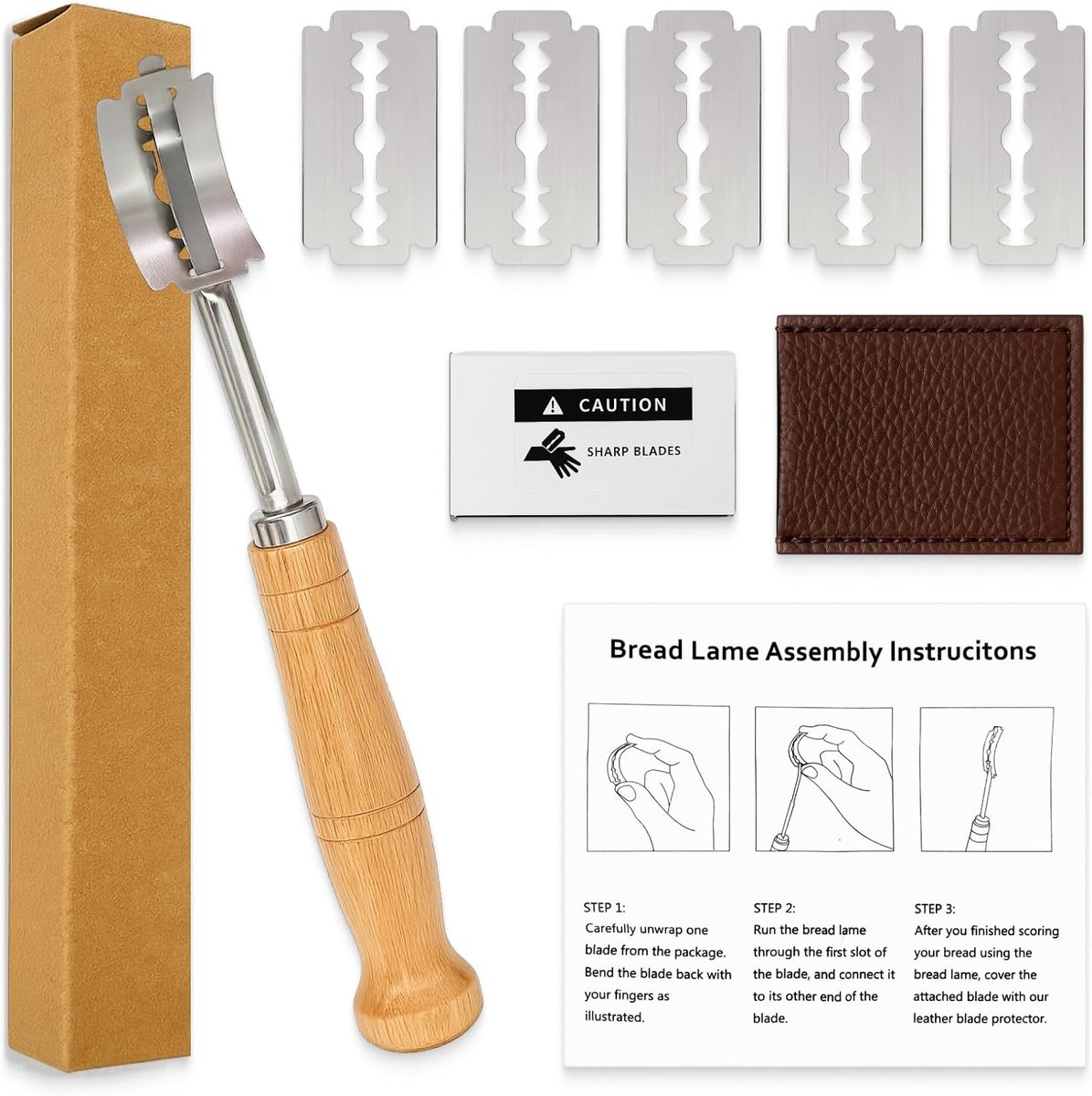 SnelShoppen - Professionele Broodmes 19 CM met Houten Handvat, 5 Vervangbare 06Cr13 RVS Messen en Leren Beschermhoes, Ideaal voor Sourdough, Baguettes