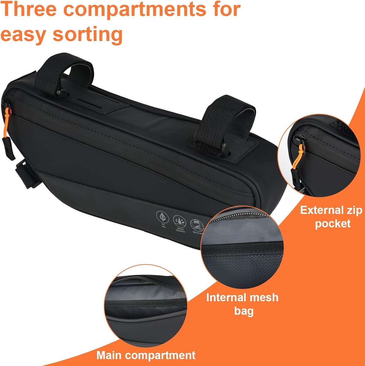 SnelShoppen - Bicycle Frame Bag, Triangular Bag 1.8L, Waterdichte Fietstas, Reflecterende Frame Bag met Zijvak, Perfect voor Mountainbike en Racefiets