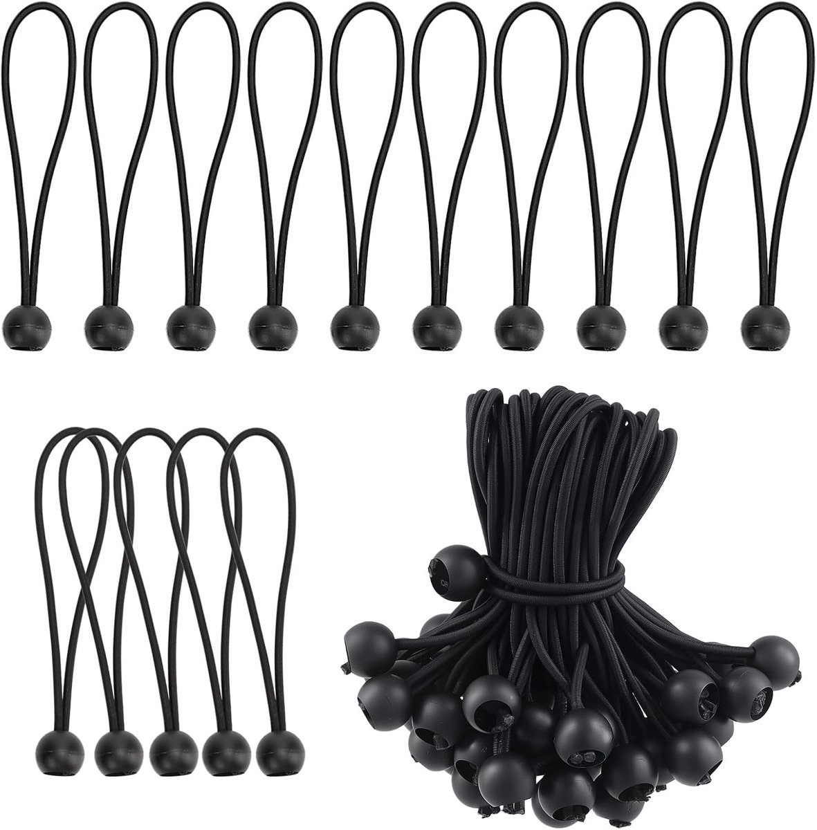 Set van 100 Zwarte Rubber Bands met Bal, 15 cm Lange Tent Spanners voor het Bevestigen van Zeilen en Tentdoeken, Ideaal voor Camping en Outdoor Activiteiten