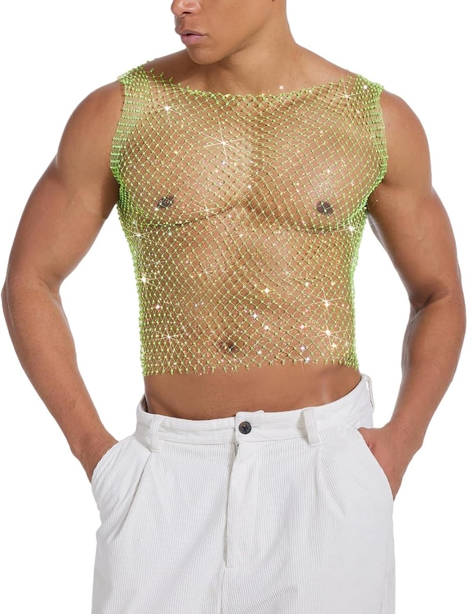 Sexy Glitter Fishnet Crop Top voor Mannen - Transparante Mouwloze Shirt met Gatpatroon voor Feestjes, Clubwear en Muziekfestivals