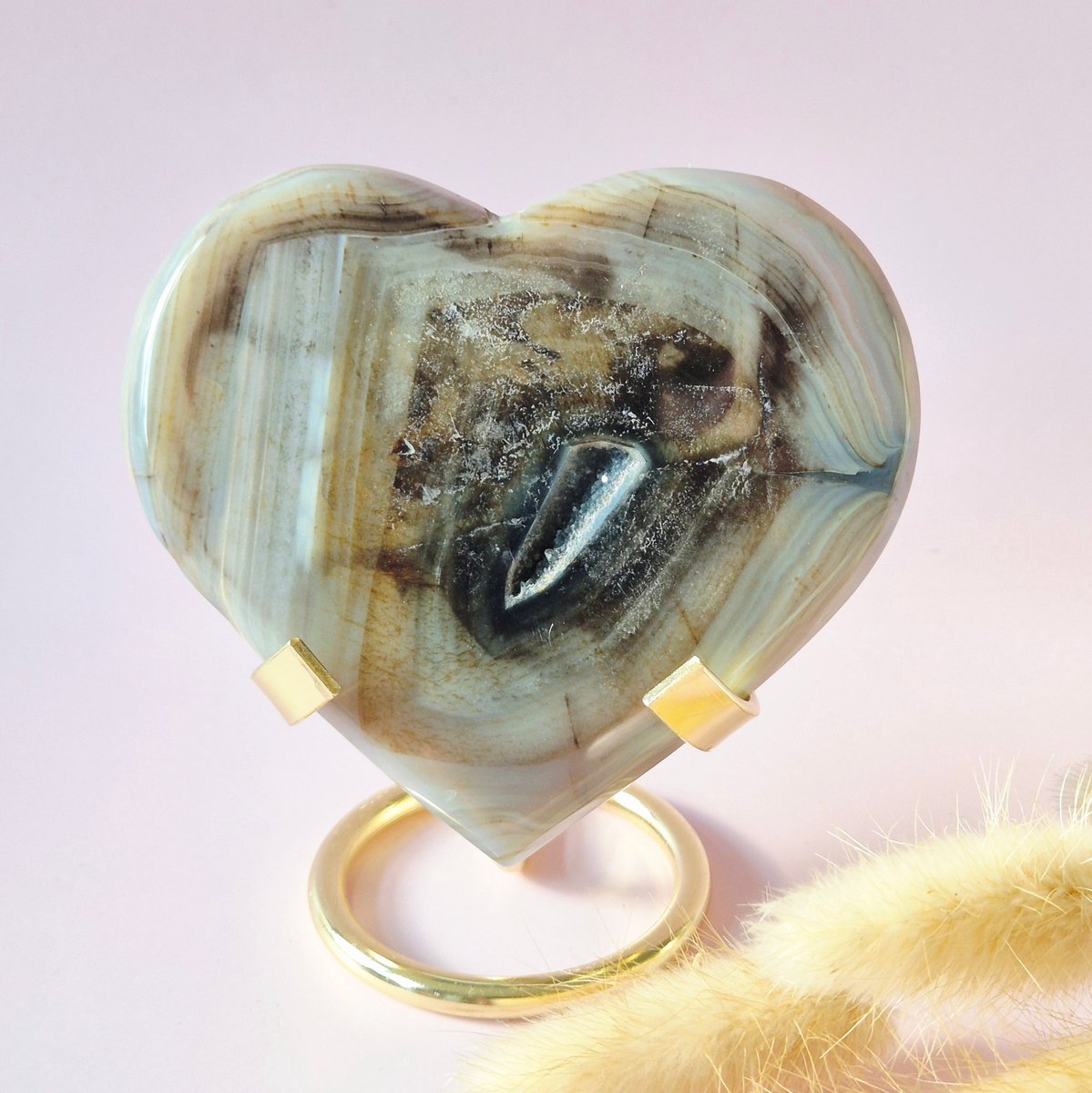 XL Druzy Grijze Agaat Edelsteen Hart – Inclusief Standaard - 158g