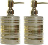 2x stuks zeeppompjes/zeepdispensers beige met gouden strepen glas 450 ml - Badkamer/keuken zeep dispenser