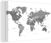 Canvas Wereldkaart - 30x20 - Wanddecoratie Wereldkaart in grijstinten - zwart wit