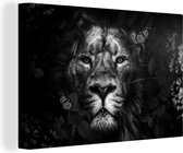 Canvas Schilderij Leeuw met vlinders en bloemen in de jungle - zwart wit - 120x80 cm - Wanddecoratie
