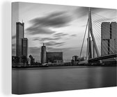 Canvas Schilderij Skyline van Rotterdam bij zonsondergang - zwart wit - 90x60 cm - Wanddecoratie