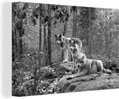 Canvas Schilderij Drie wolven in de herfst - zwart wit - 120x80 cm - Wanddecoratie