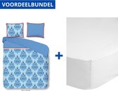 Luxe Dekbedovertrek Tweepersoons - 200x200/220cm - Inclusief 2 Kussenslopen - 100% Zacht Percale Katoen - Blauw Yogi + Zachte Katoenen Hoeslaken -140x200cm - Wit