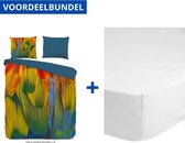 Luxe Dekbedovertrek Eenpersoons - 140x200/220cm - Inclusief 1 Kussensloop - 100% Zacht Polyester - Rainbow Feathers + Zachte Katoenen Hoeslaken - 90x200cm - Wit