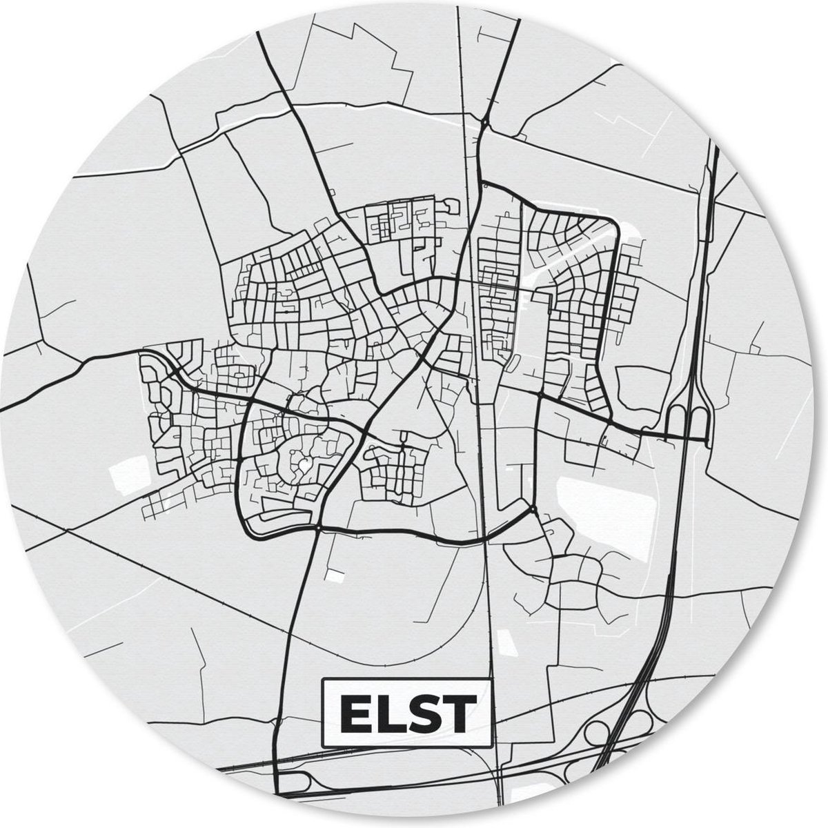 Muismat rond 50x50 cm - Mousepad Stadskaart - Elst - Grijs - Wit - Ronde muismatten