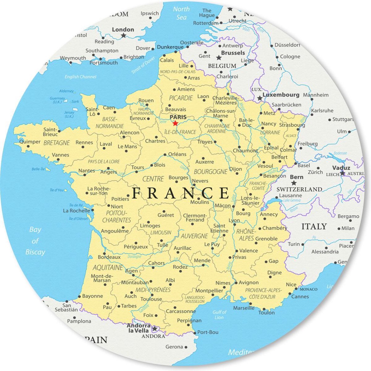 Muismat rond 40x40 cm - Mousepad Kaart van Frankrijk - Ronde muismatten