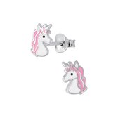 Joy|S - Zilveren eenhoorn oorbellen - 6 x 8 mm - roze unicorn oorknoppen