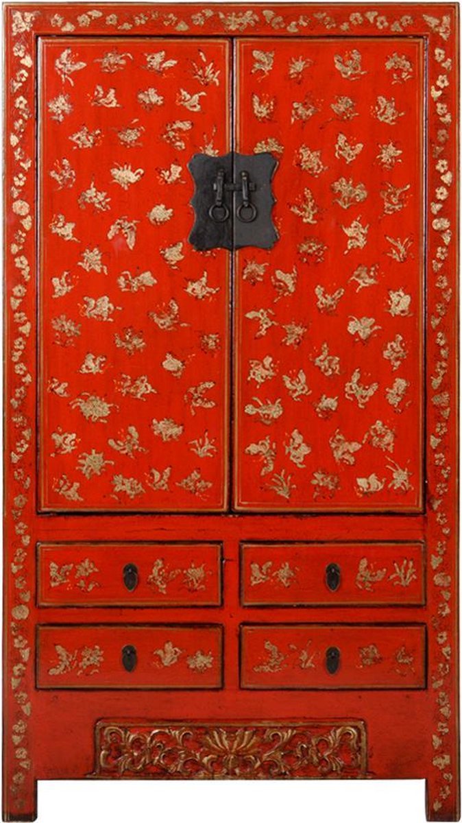 Fine Asianliving Antieke Chinese Bruidskast Rood Goud Handgeschilderd B105xD50xH188cm Chinese Meubels Oosterse Kast