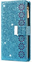 iPhone 12 Luxe Glitter Book Case Hoesje met Koord - Bloemenpatroon - Magnetische Sluiting - Portemonnee met Rits - Pasjeshouder - Apple iPhone 12 - Blauw