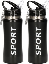 2x stuks sport Bidon drinkfles/waterfles Sport print zwart aluminium 420 Ml van aluminium met karabijnhaak