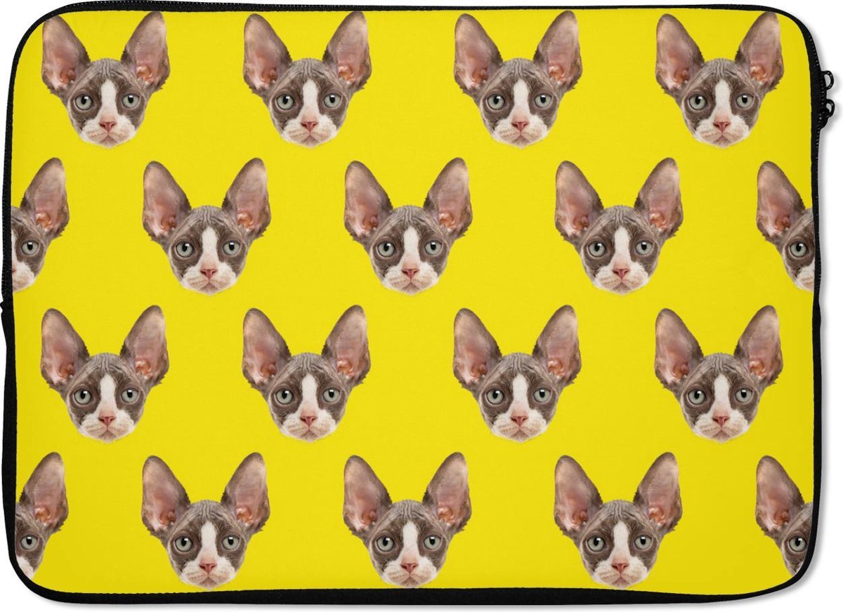 Laptophoes 14 inch - Huisdier - Patronen - Geel - Laptop sleeve - Binnenmaat 33x23 cm - Zwarte achterkant