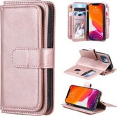 Multifunctionele magnetische koperen gesp horizontale flip effen kleur lederen tas met 10 kaartsleuven & portemonnee & houder & fotolijst voor iPhone 13 mini (rosé goud)