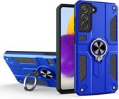 Voor Samsung Galaxy S21 + 5G koolstofvezelpatroon pc + TPU-beschermhoes met ringhouder (donkerblauw)