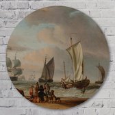 Muurcirkel ⌀ 90 cm - Strandgezicht met boten | Abraham Storck | 1683 - Aluminium Dibond - Landschappen - Rond Schilderij - Wandcirkel - Wanddecoratie