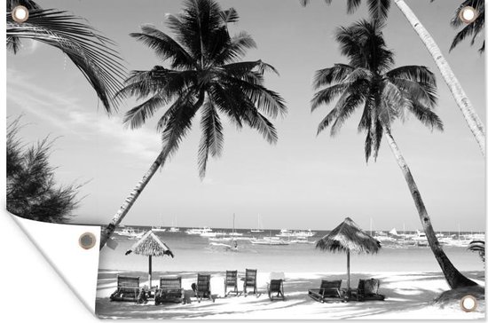 Tuinposters buiten Palmbomen en ligstoelen op het strand van Boracay - zwart wit - 90x60 cm - Tuindoek - Buitenposter