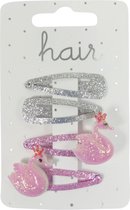 Haarspeldjes Klikklak 4.0cm Roze Glitter met Zwaan - Effen Zilver Glitter - 4 stuks
