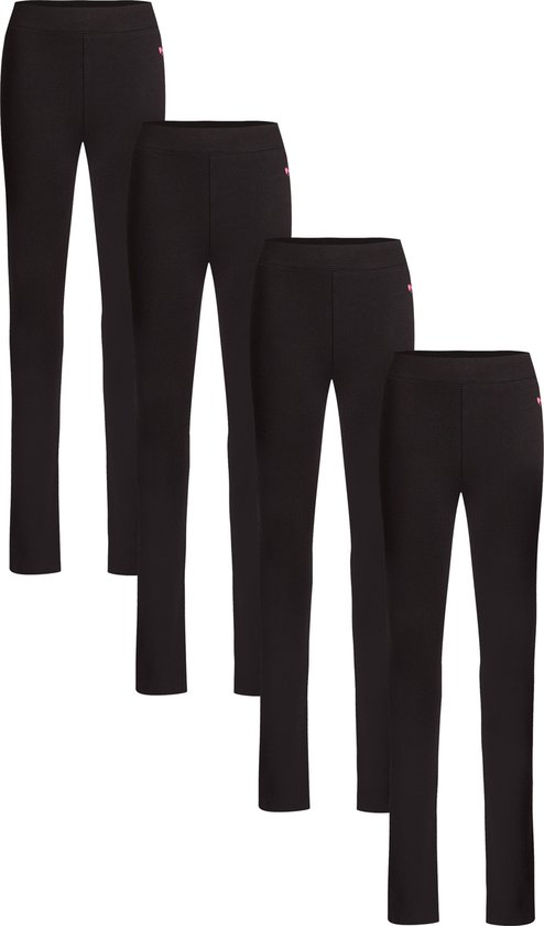 Vier zwarte meisjesleggings met een kleine roze hartjesapplicatie op de linkerheup.