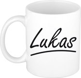 Lukas naam cadeau mok / beker met sierlijke letters - Cadeau collega/ vaderdag/ verjaardag of persoonlijke voornaam mok werknemers
