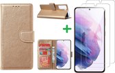 Samsung S21 FE hoesje bookcase Goud - Samsung Galaxy S21 FE hoesje portemonnee boek case - S21 FE book case hoes cover – Galaxy S21 FE screenprotector / 2X tempered glass