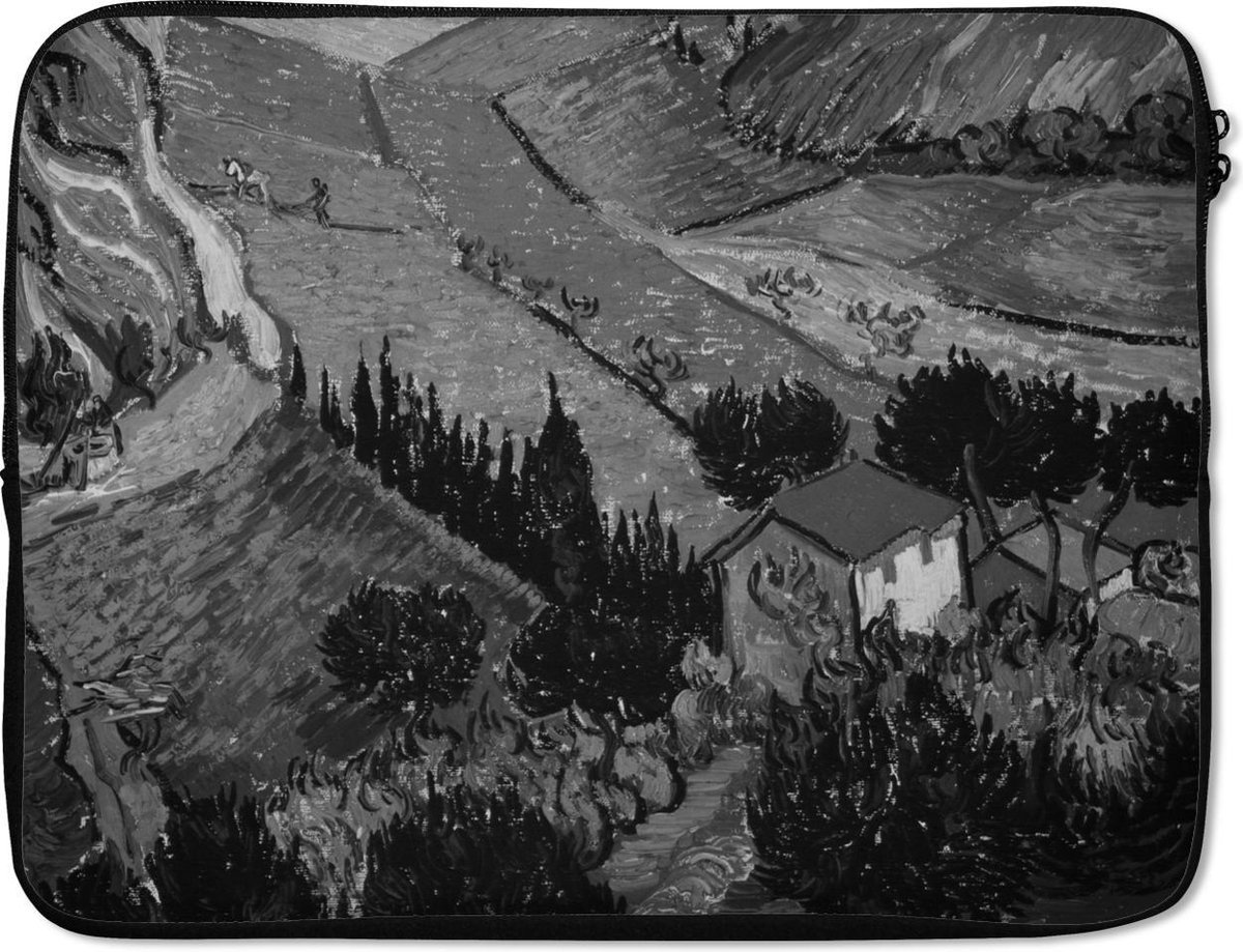 Laptophoes 15.6 inch - Landschap met huis en Ploughman - Vincent van Gogh - Zwart - Wit - Laptop sleeve - Binnenmaat 37x26 cm - Zwarte achterkant