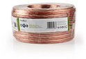 Rol transparante luidsprekerkabel met rode strepen, verpakt in plastic folie met Nedis-label.