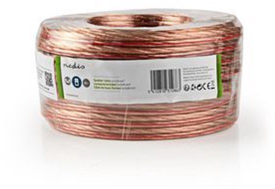 Rol transparante luidsprekerkabel met rode strepen, verpakt in plastic folie met Nedis-label.