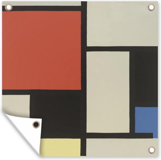 Tuin poster Compositie met rood vierkant, zwart, blauw - Piet Mondriaan - 200x200 cm - Tuindoek - Buitenposter