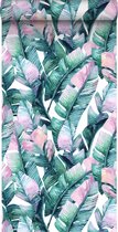 ESTAhome vlies wallpaper XXL bananenbladeren turquoise en roze - 158896 - 0.465 x 8.37 m