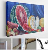 Watermelon, melons, peppers, cucumbers, pears, apples, plums and tomatoes on table on blue curtain background - Modern Art Canvas - Horizontal - 1478450213 - 80*60 Horizontal