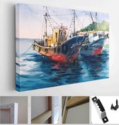 Itsallcanvas - Schilderij - Watercolor Painting Fishing Boats At Harbor Art Horizontal Horizontal - Multicolor - 60 X 80 Cm