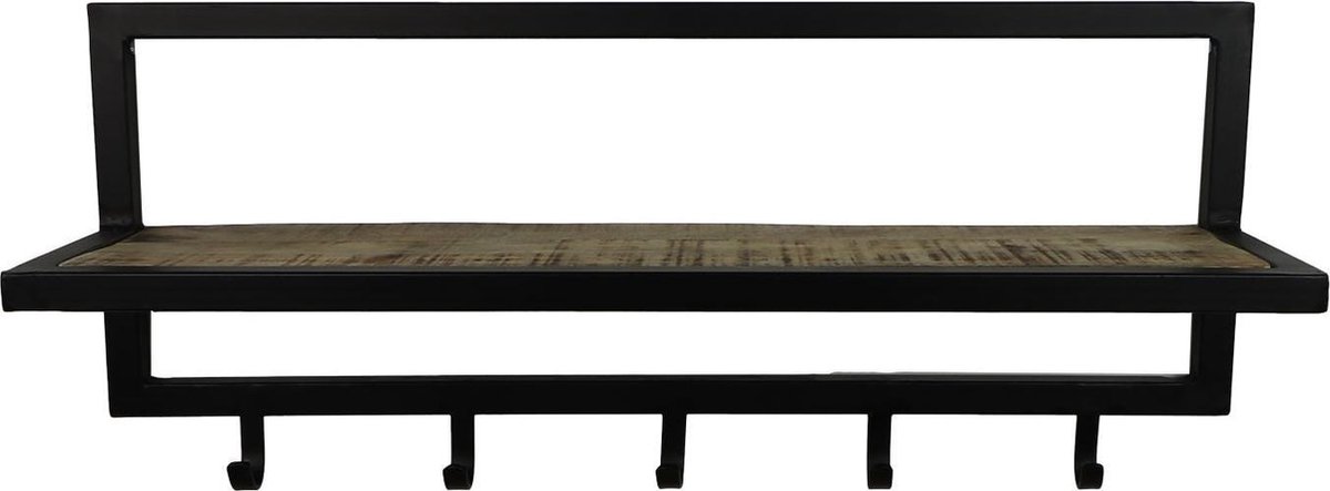 HSM Collection-Wandkapstok 5 Haken Met Plank-66x17x28-Naturel/Zwart-Acacia/Metaal