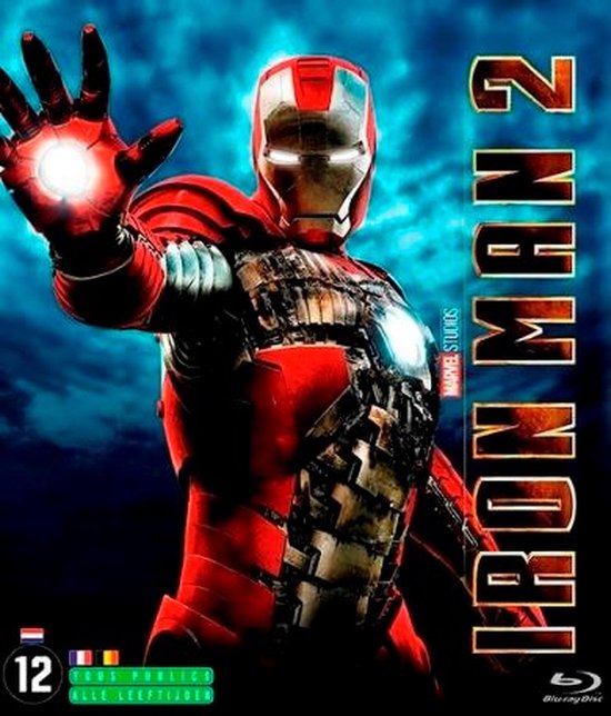 Iron Man 2 Blu-ray hoes met Iron Man in rood en goud pantser, met de hand geheven.